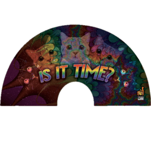 Is It Time? Psychedelic Kitties UV Glow Fan | 13-Inch Black-Light Reactive Festival Fan | Bamboo and Nylon Rave Accessory