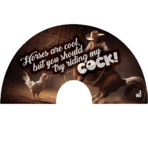 Horses Are Cool But Have You Tried Riding… UV Glow Fan | 13-Inch Rooster Black-Light Reactive Festival Fan | Bamboo and Nylon Rave Accessory