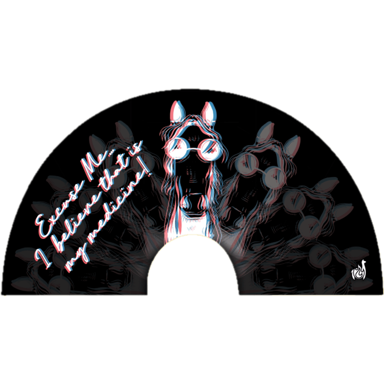 Excuse Me...I Believe That Is My Medicine Horses UV Glow Fan | 13-Inch  Black-Light Reactive Festival Fan | Bamboo and Nylon Rave Accessory