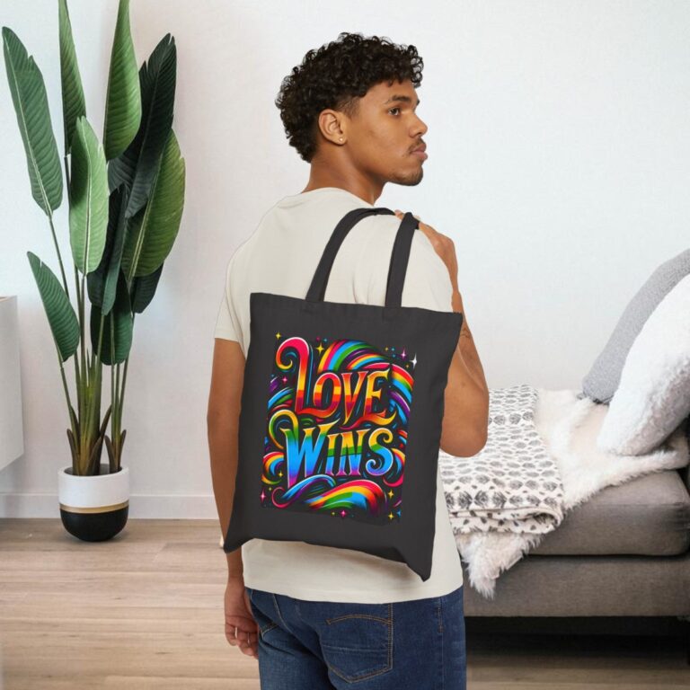 Love Wins Gay Pride Tote Bag | 100% Cotton Canvas LGBTQIA Shopping Bag | Durable Rainbow Pride Carryall