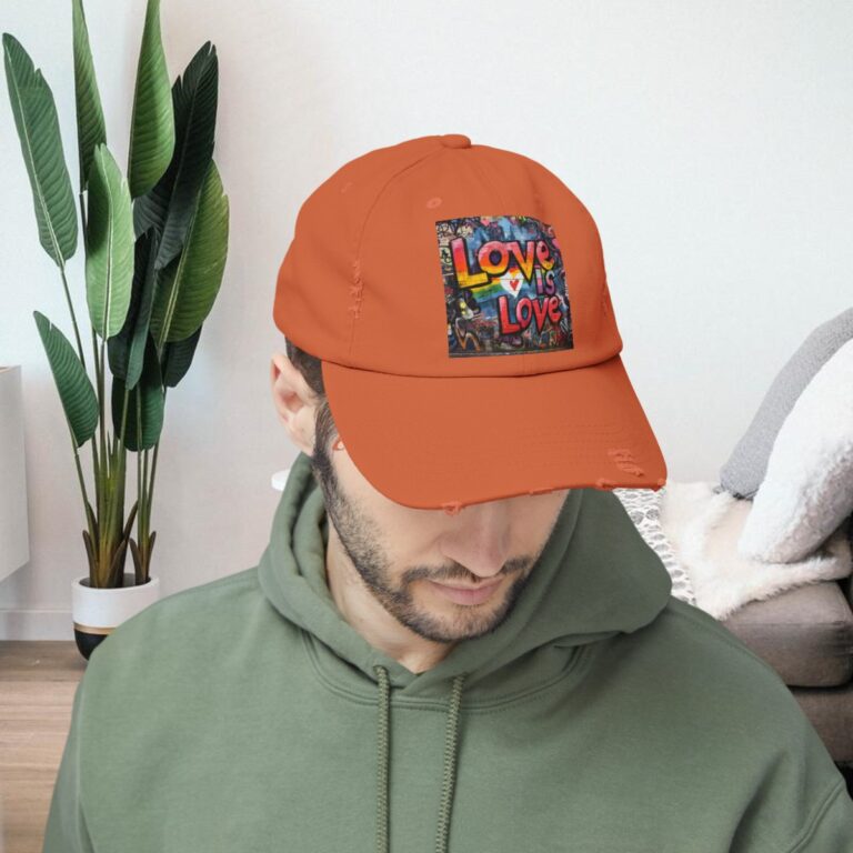 Love Is Love Gay Pride Distressed Cap | Unisex LGBTQIA Cotton Twill Hat | Adjustable Rainbow Pride Baseball Cap