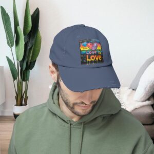 Love Is Love Gay Pride Distressed Cap | Unisex LGBTQIA Cotton Twill Hat | Adjustable Rainbow Pride Baseball Cap