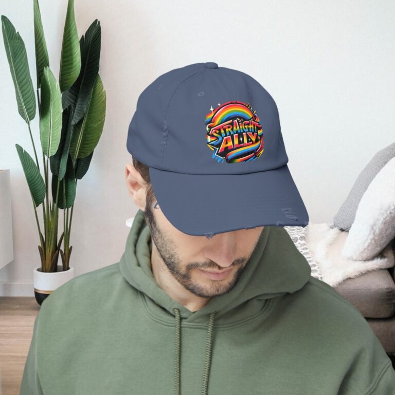 Straight Ally Gay Pride Distressed Cap | Unisex LGBTQIA Cotton Twill Hat | Adjustable Rainbow Pride Baseball Cap
