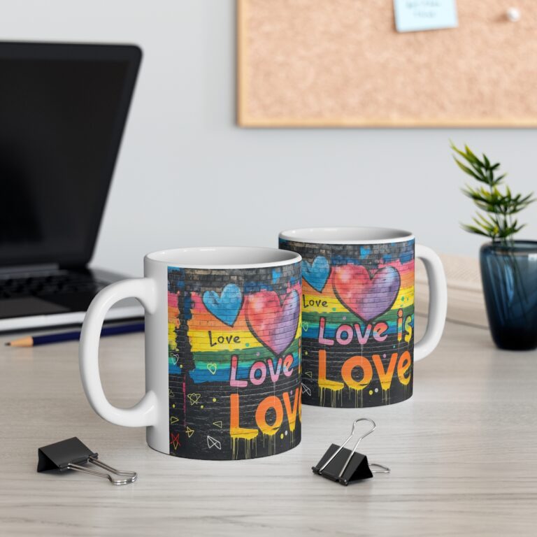 Love Is Love Gay Pride Mug | 11oz White Ceramic LGBTQIA Coffee Cup | Rainbow Pride Drinkware
