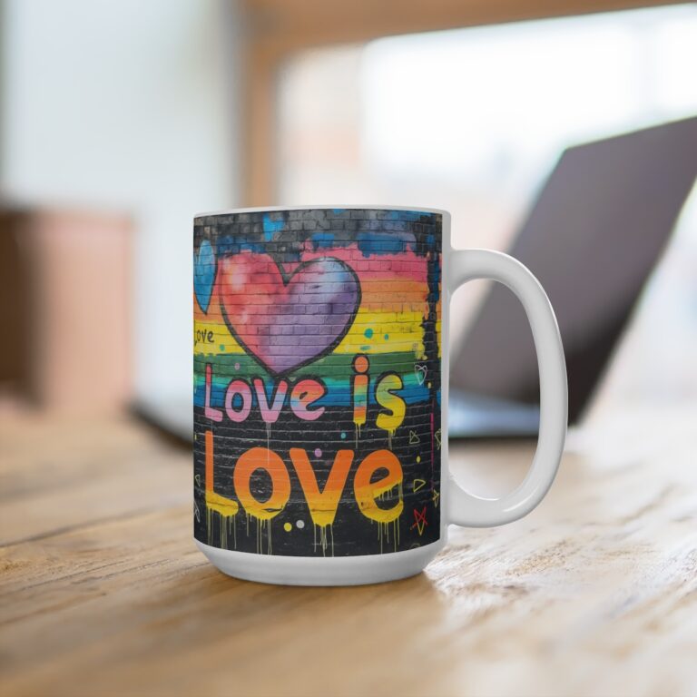 Love Is Love Gay Pride Mug | 15oz White Ceramic LGBTQIA Coffee Cup | Rainbow Pride Drinkware